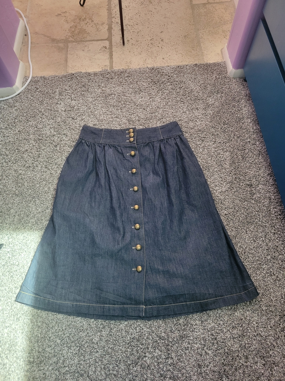 High-Waist Dark Denim Button-Front Skirt - Navy - Picture 15 of 15